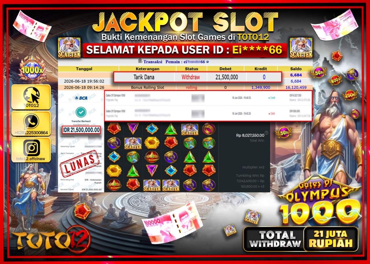 HANYA DI TOTO12 JP PASTI DI BAYAR LUNAS DAN CEPAT!!!!!! JACKPOT SLOT GAME (GATES OF OLYMPUS 1000) Rp21.500.000!!!!