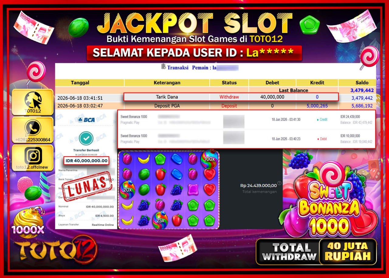 HANYA DI TOTO12 JP PASTI DI BAYAR LUNAS DAN CEPAT!!!!!! JACKPOT SLOT GAME (SWEET BONANZA 1000) Rp40.000.000!!!!