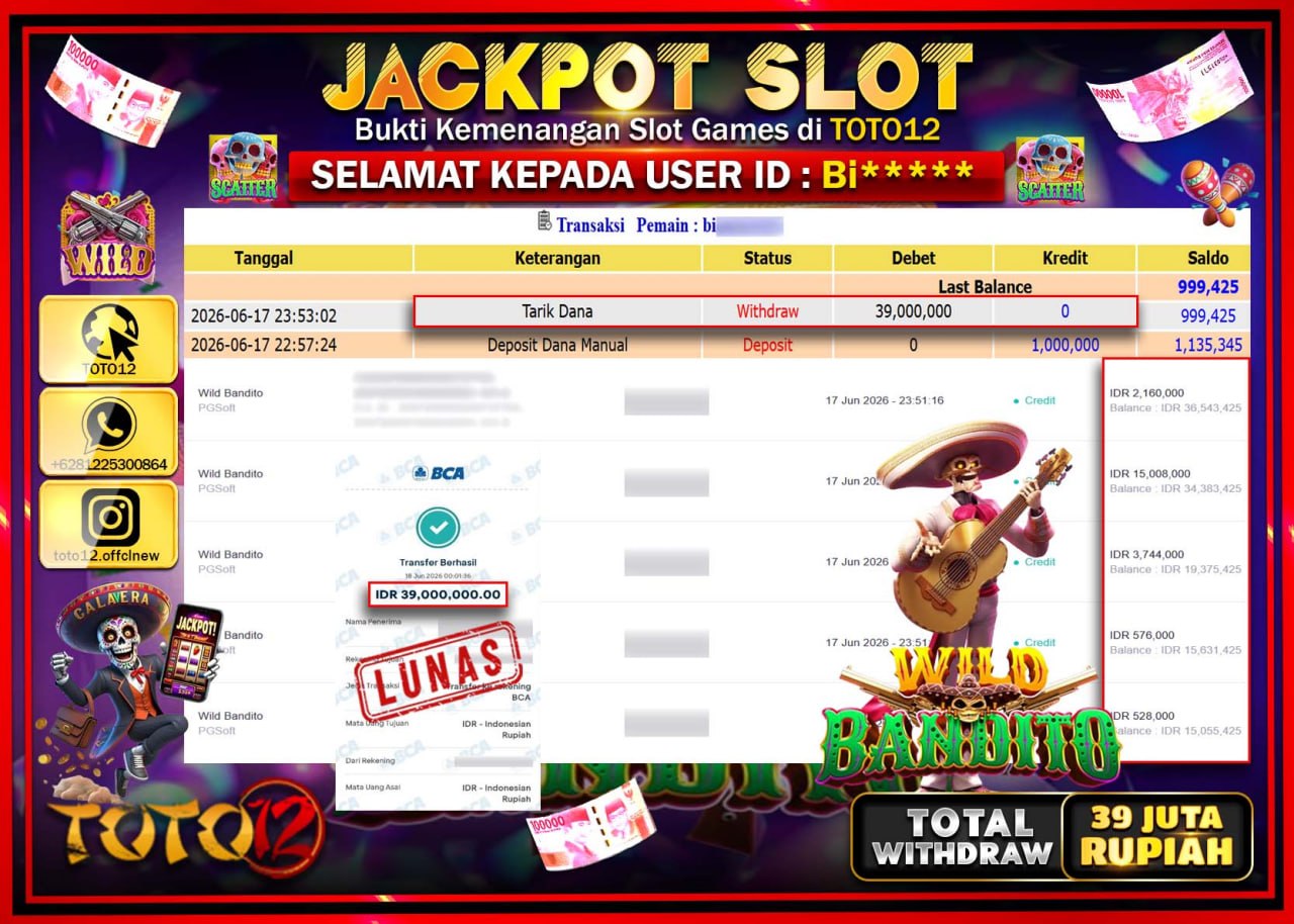 HANYA DI TOTO12 JP PASTI DI BAYAR LUNAS DAN CEPAT!!!!!! JACKPOT SLOT GAME (WILD BANDITO) Rp39.000.000!!!!