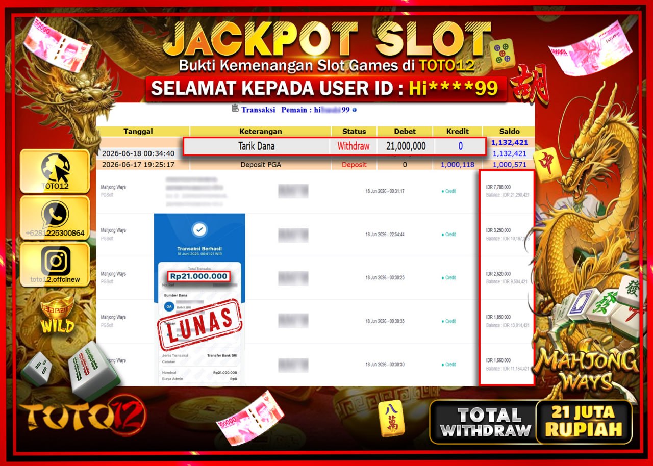 HANYA DI TOTO12 JP PASTI DI BAYAR LUNAS DAN CEPAT!!!!!! JACKPOT SLOT GAME (MAHJONG WAYS) Rp21.000.000!!!!