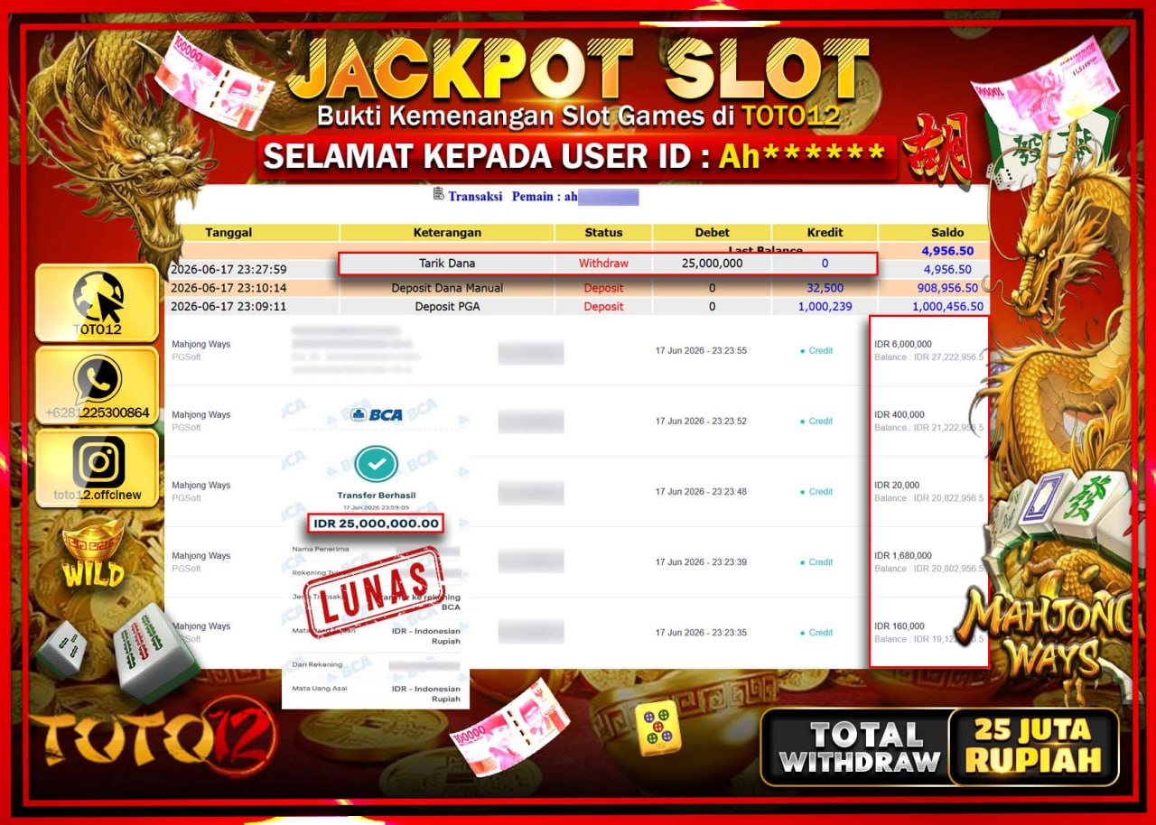 HANYA DI TOTO12 JP PASTI DI BAYAR LUNAS DAN CEPAT!!!!!! JACKPOT SLOT GAME (MAHJONG WAYS) Rp25.000.000!!!!
