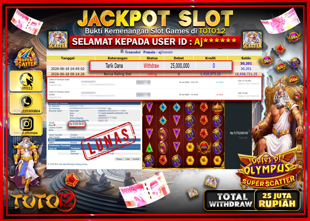 HANYA DI TOTO12 JP PASTI DI BAYAR LUNAS DAN CEPAT!!!!!! JACKPOT SLOT GAME (GATES OF OLYMPUS SUPER SCATTER) Rp25.000.000!!!!