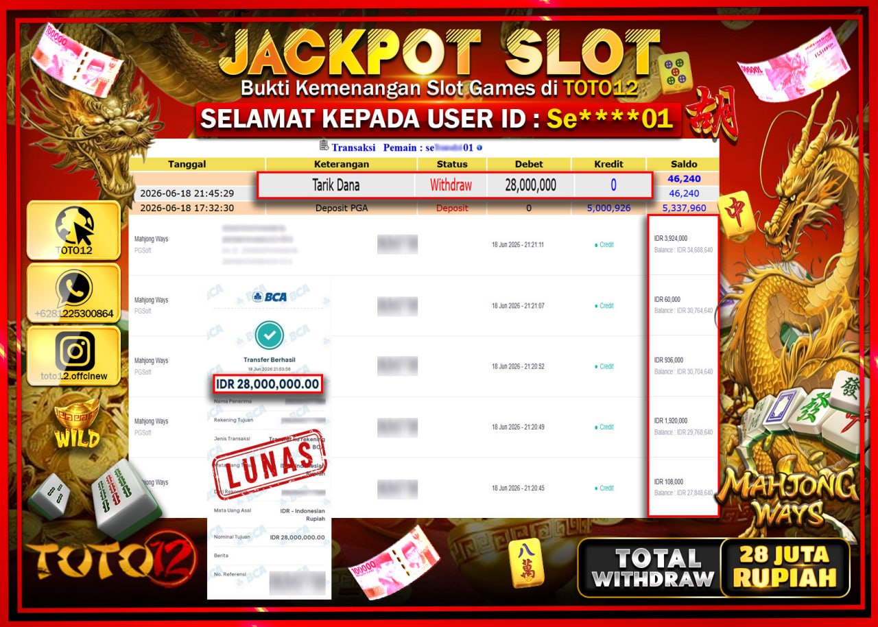 HANYA DI TOTO12 JP PASTI DI BAYAR LUNAS DAN CEPAT!!!!!! JACKPOT SLOT GAME (MAHJONG WAYS) Rp28.000.000!!!!