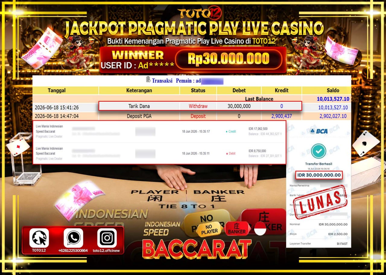 HANYA DI TOTO12 JP PASTI DI BAYAR LUNAS DAN CEPAT!!!!!! JACKPOT PRAGMATIC PLAY LIVE GAME CASINO (LIVE MANIA INDONESIA SPEED BACCARAT) Rp30.000.000!!!!
