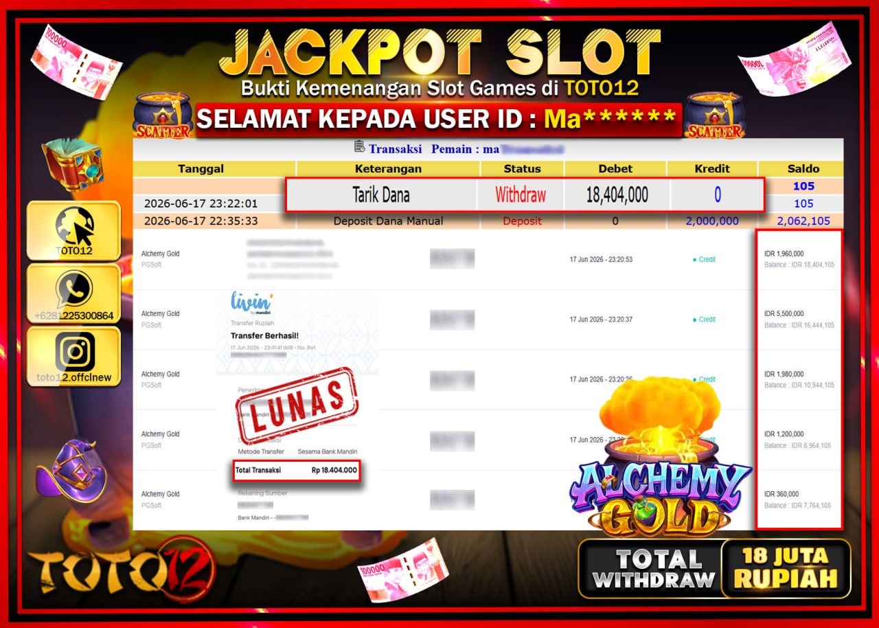 HANYA DI TOTO12 JP PASTI DI BAYAR LUNAS DAN CEPAT!!!!!! JACKPOT SLOT GAME (ALCHEMY GOLD) Rp18.404.000!!!!