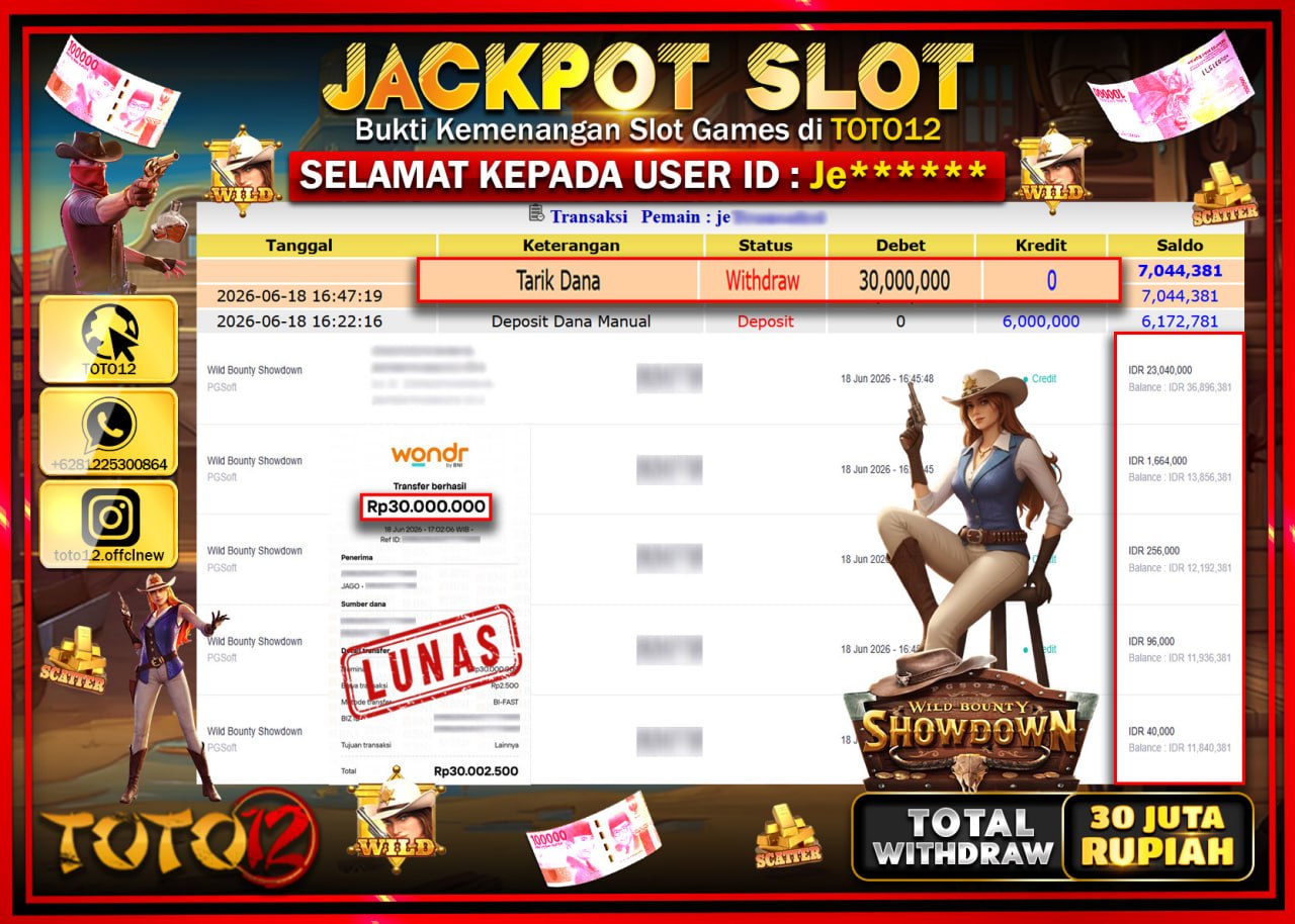 HANYA DI TOTO12 JP PASTI DI BAYAR LUNAS DAN CEPAT!!!!!! JACKPOT SLOT GAME (WILD BOUNTY SHOWDOWN) Rp30.000.000!!!!