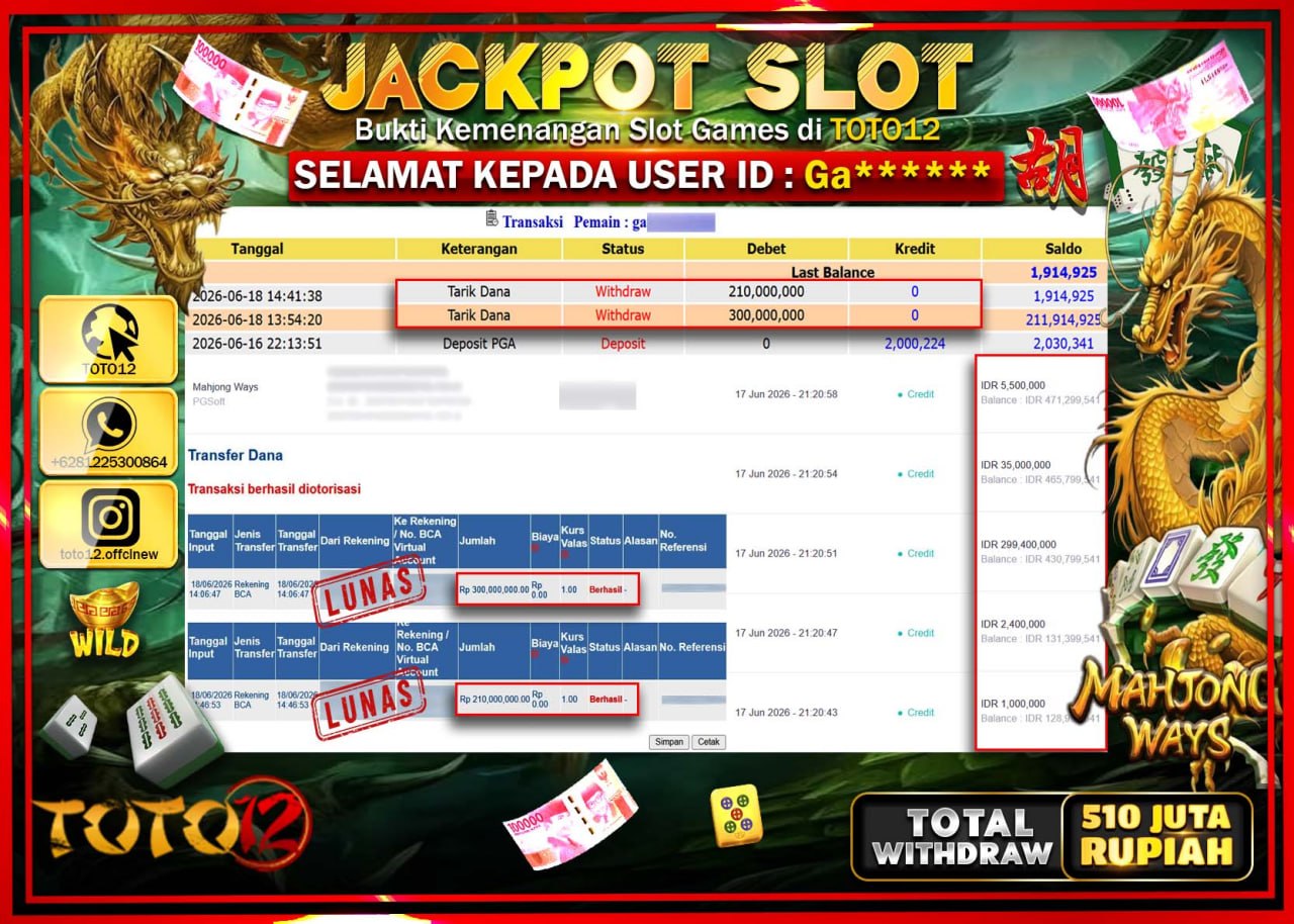 HANYA DI TOTO12 JP PASTI DI BAYAR LUNAS DAN CEPAT!!!!!! JACKPOT SLOT GAME (MAHJONG WAYS) Rp510.000.000!!!!