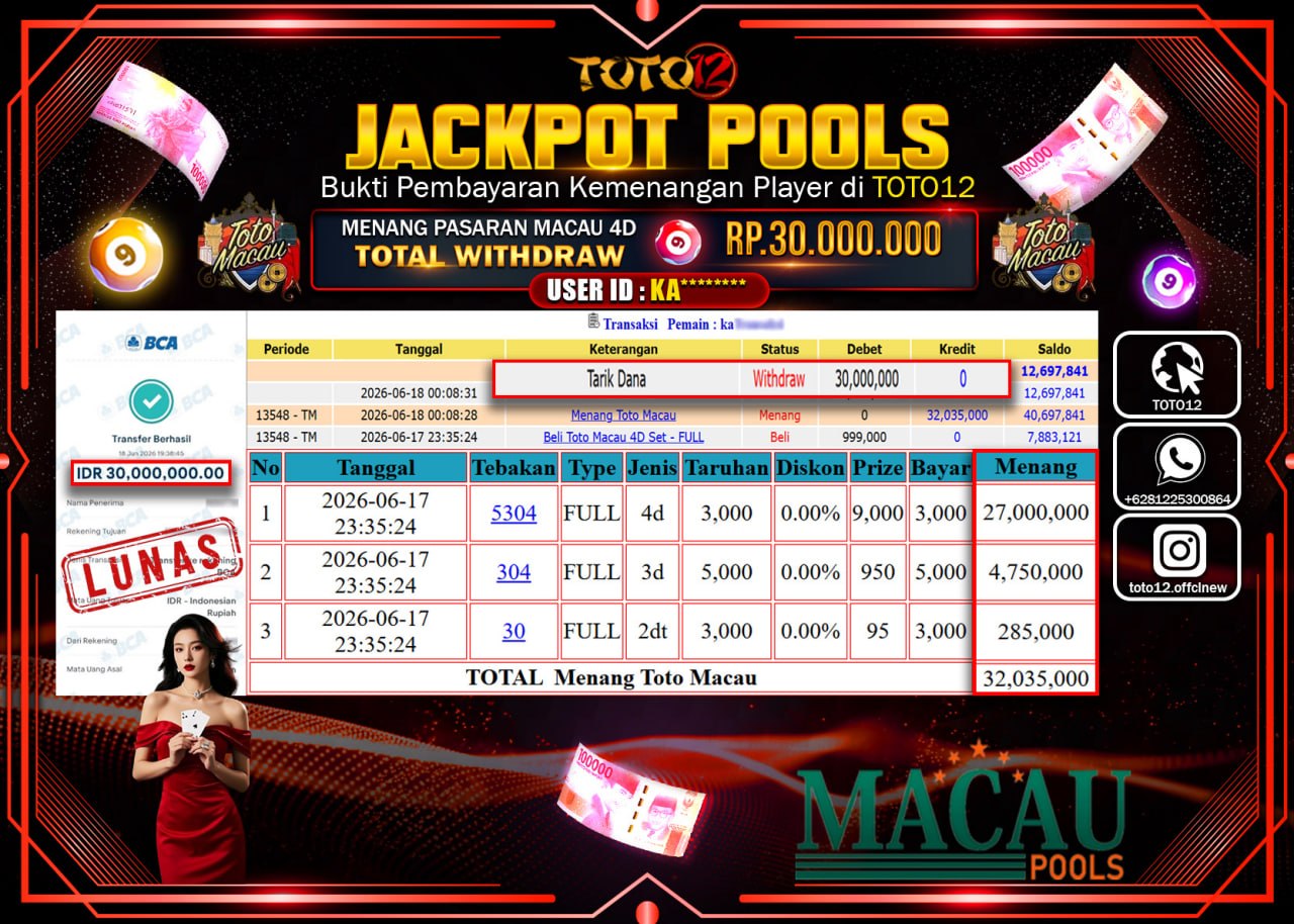 HANYA DI TOTO12 JP PASTI DI BAYAR LUNAS DAN CEPAT!!!!!! JACKPOT POOLS PASARAN (MACAU 4D) Rp30.000.000!!!!