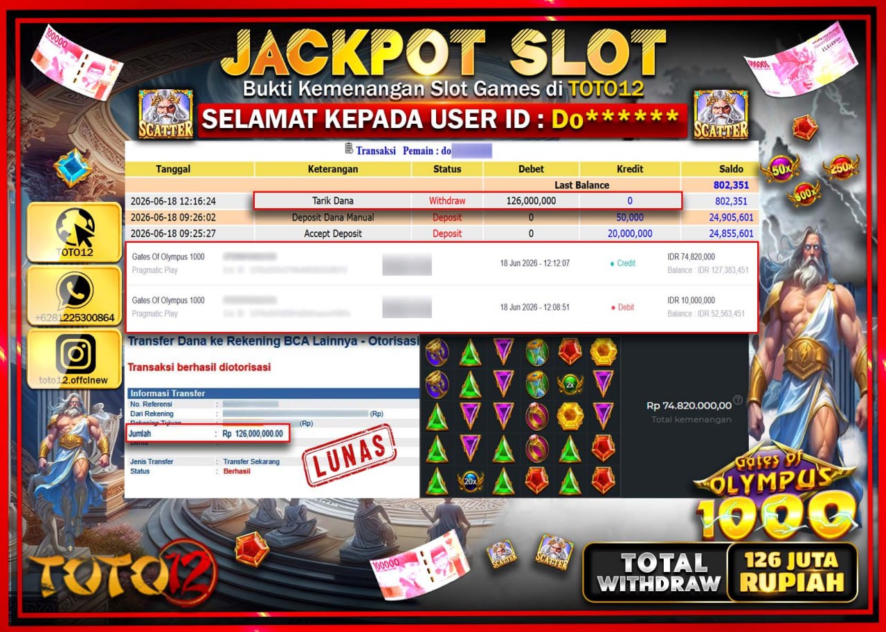 HANYA DI TOTO12 JP PASTI DI BAYAR LUNAS DAN CEPAT!!!!!! JACKPOT SLOT GAME (GATES OF OLYMPUS 1000) Rp126.000.000!!!!