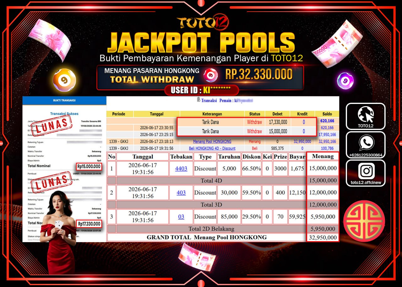 HANYA DI TOTO12 JP PASTI DI BAYAR LUNAS DAN CEPAT!!!!!! JACKPOT POOLS PASARAN (HONGKONG) Rp32.330.000!!!!