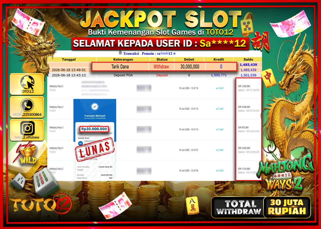 HANYA DI TOTO12 JP PASTI DI BAYAR LUNAS DAN CEPAT!!!!!! JACKPOT SLOT GAME (MAHJONG WAYS 2) Rp20.000.000!!!!