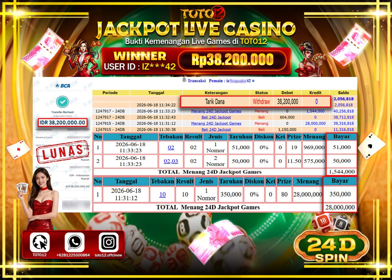 HANYA DI TOTO12 JP PASTI DI BAYAR LUNAS DAN CEPAT!!!!!! JACKPOT  LIVE GAME CASINO (24D) Rp38.200.000!!!!