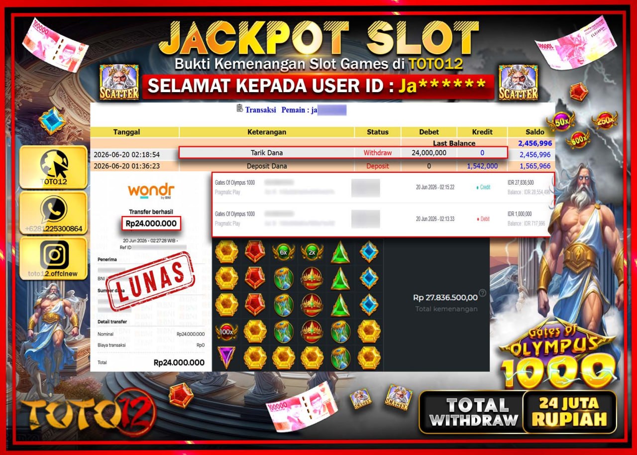 HANYA DI TOTO12 JP PASTI DI BAYAR LUNAS DAN CEPAT!!!!!! JACKPOT SLOT GAME (GATES OF OLYMPUS 1000) Rp24.000.000!!!!