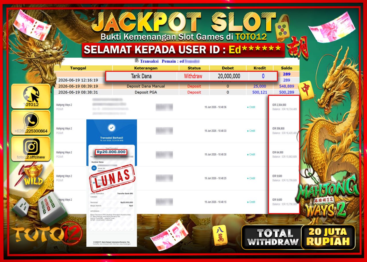 HANYA DI TOTO12 JP PASTI DI BAYAR LUNAS DAN CEPAT!!!!!! JACKPOT SLOT GAME (MAHJONG WAYS 2) Rp20.000.000!!!!