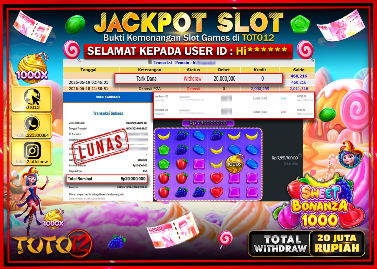 HANYA DI TOTO12 JP PASTI DI BAYAR LUNAS DAN CEPAT!!!!!! JACKPOT SLOT GAME (SWEET BONANZA 1000) Rp20.000.000!!!!