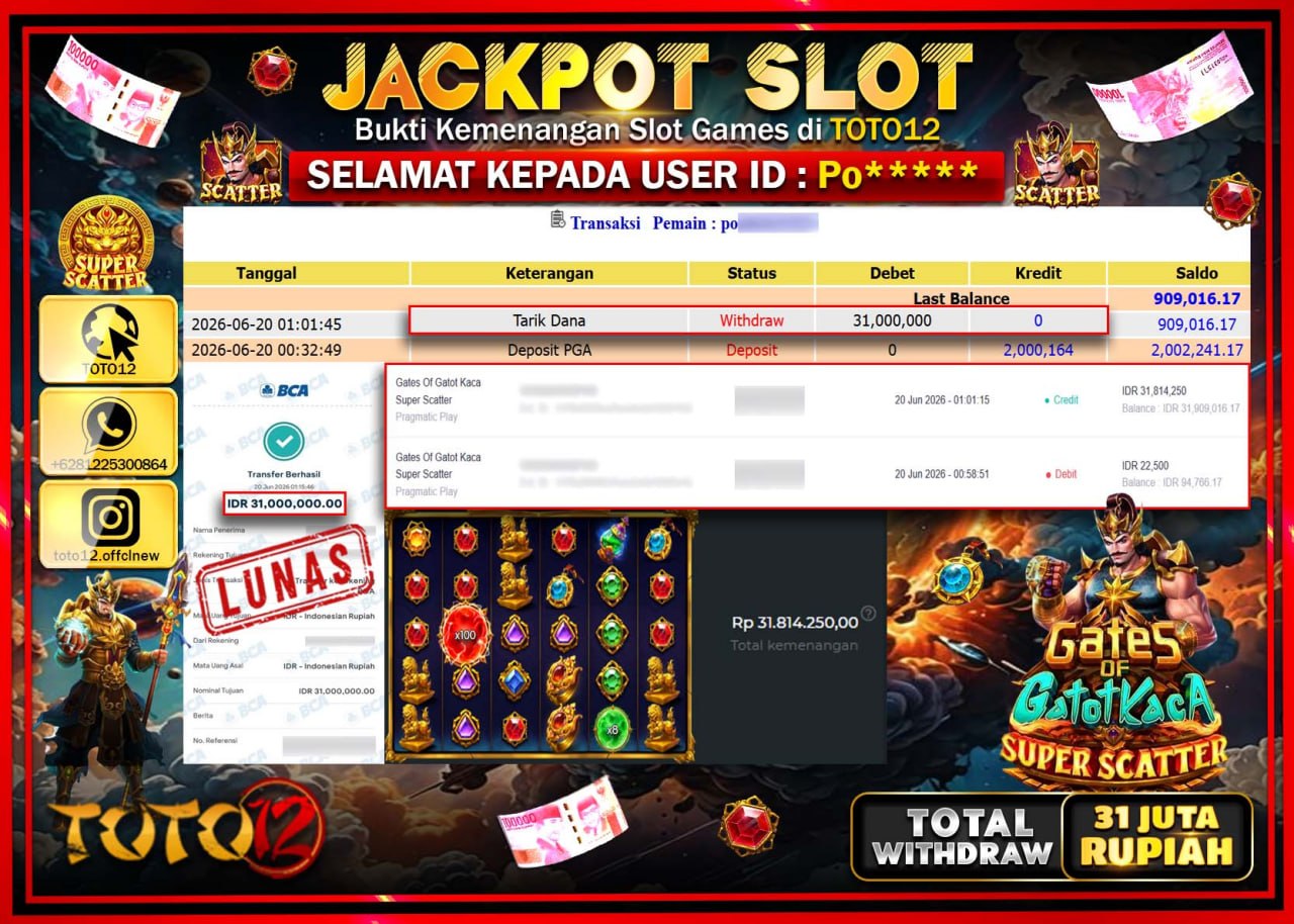 HANYA DI TOTO12 JP PASTI DI BAYAR LUNAS DAN CEPAT!!!!!! JACKPOT SLOT GAME (GATES OF GATOTKACA SUPER SCATTER) Rp31.000.000!!!!