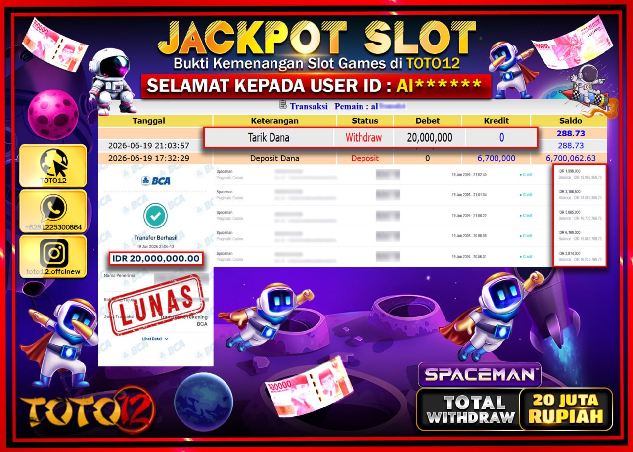 HANYA DI TOTO12 JP PASTI DI BAYAR LUNAS DAN CEPAT!!!!!! JACKPOT SLOT GAME (SPACEMAN) Rp20.000.000!!!!
