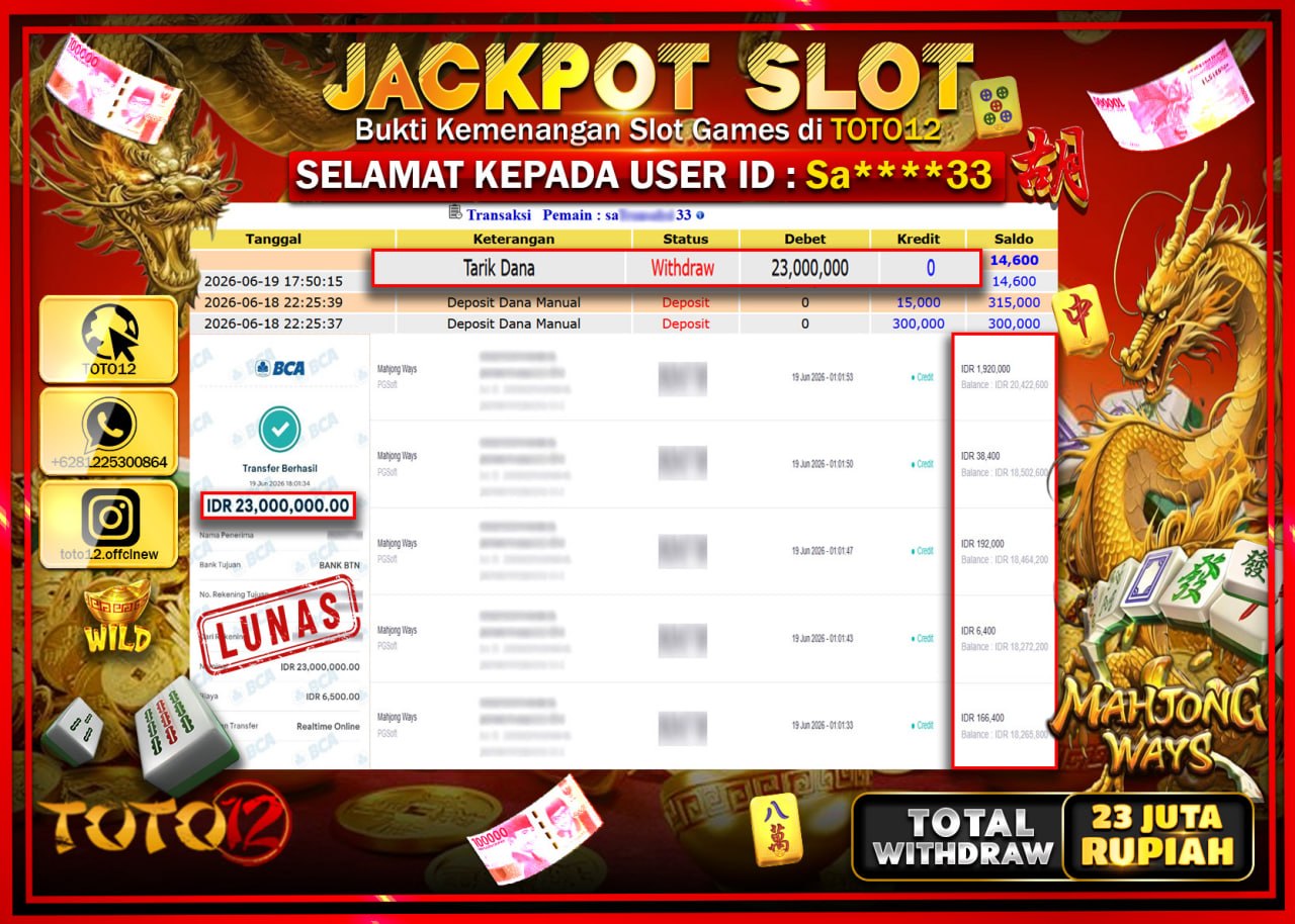 HANYA DI TOTO12 JP PASTI DI BAYAR LUNAS DAN CEPAT!!!!!! JACKPOT SLOT GAME (MAHJONG WAYS) Rp23.000.000!!!!