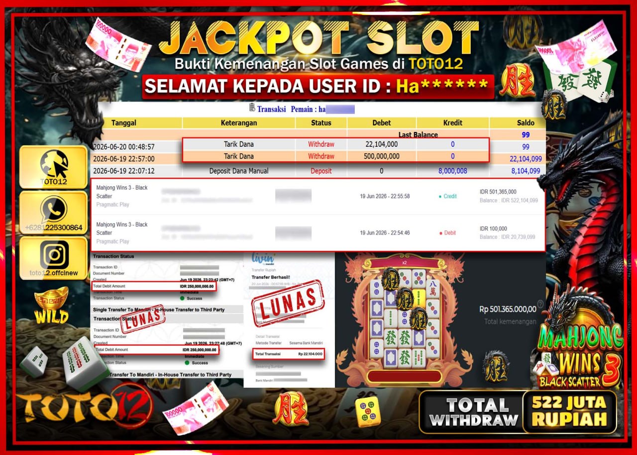 HANYA DI TOTO12 JP PASTI DI BAYAR LUNAS DAN CEPAT!!!!!! JACKPOT SLOT GAME (MAHJONG WINS 3 BLACK SCATTER) Rp522.104.000!!!!
