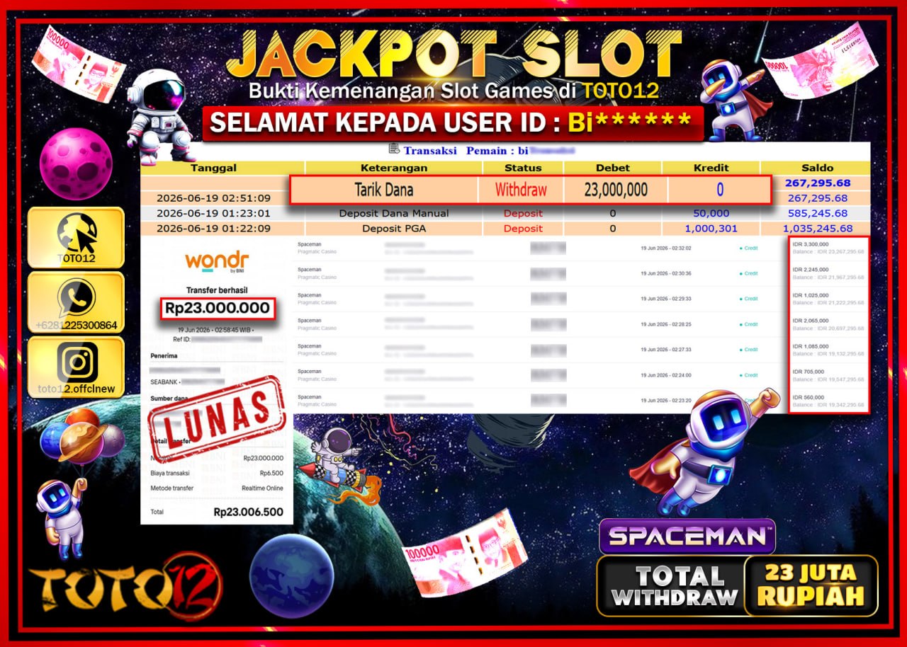 HANYA DI TOTO12 JP PASTI DI BAYAR LUNAS DAN CEPAT!!!!!! JACKPOT SLOT GAME (SPACEMAN) Rp23.000.000!!!!
