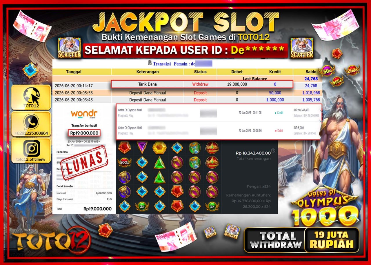 HANYA DI TOTO12 JP PASTI DI BAYAR LUNAS DAN CEPAT!!!!!! JACKPOT SLOT GAME (GATES OF OLYMPUS 1000) Rp19.000.000!!!!