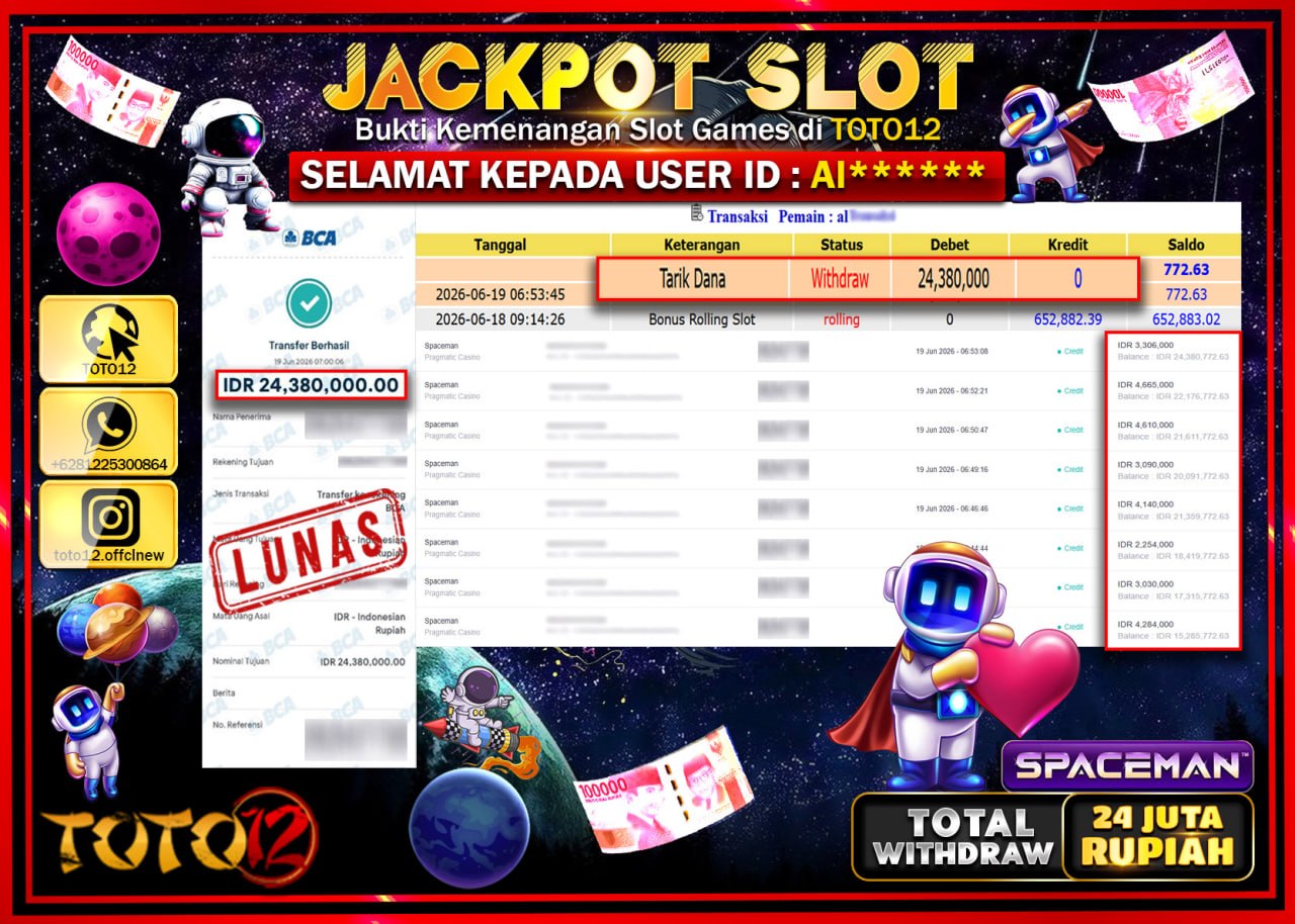 HANYA DI TOTO12 JP PASTI DI BAYAR LUNAS DAN CEPAT!!!!!! JACKPOT SLOT GAME (SPACEMAN) Rp24.380.000!!!!