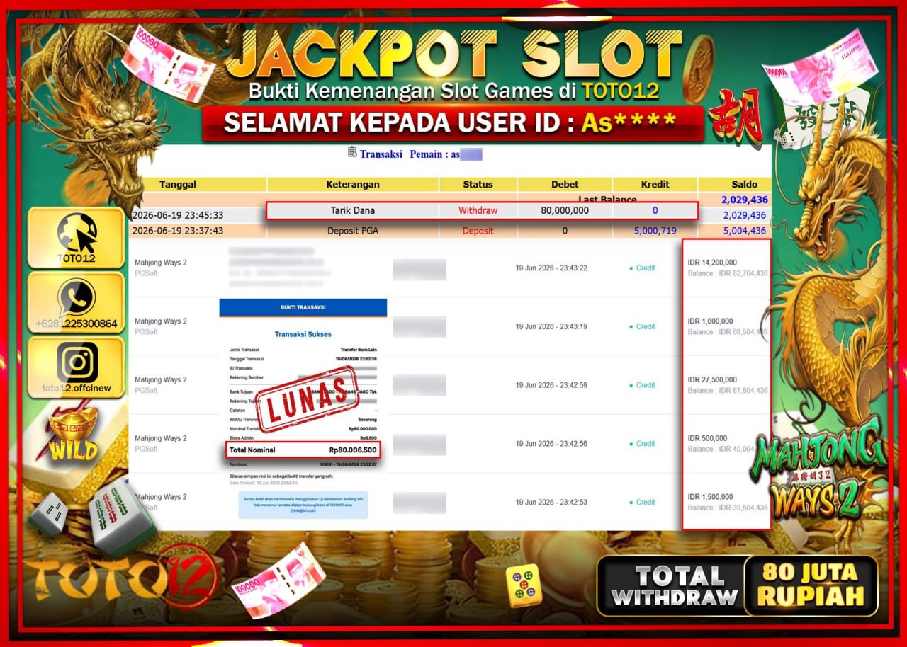 HANYA DI TOTO12 JP PASTI DI BAYAR LUNAS DAN CEPAT!!!!!! JACKPOT SLOT GAME (MAHJONG WAYS 2) Rp80.000.000!!!!