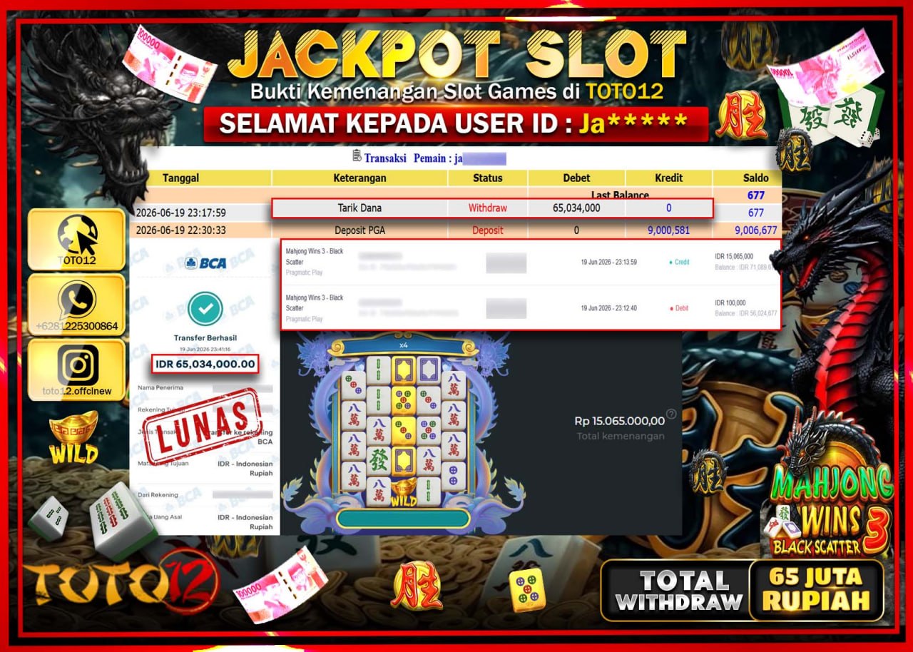 HANYA DI TOTO12 JP PASTI DI BAYAR LUNAS DAN CEPAT!!!!!! JACKPOT SLOT GAME (MAHJONG WINS 3 BLACK SCATTER) Rp65.034.000!!!!