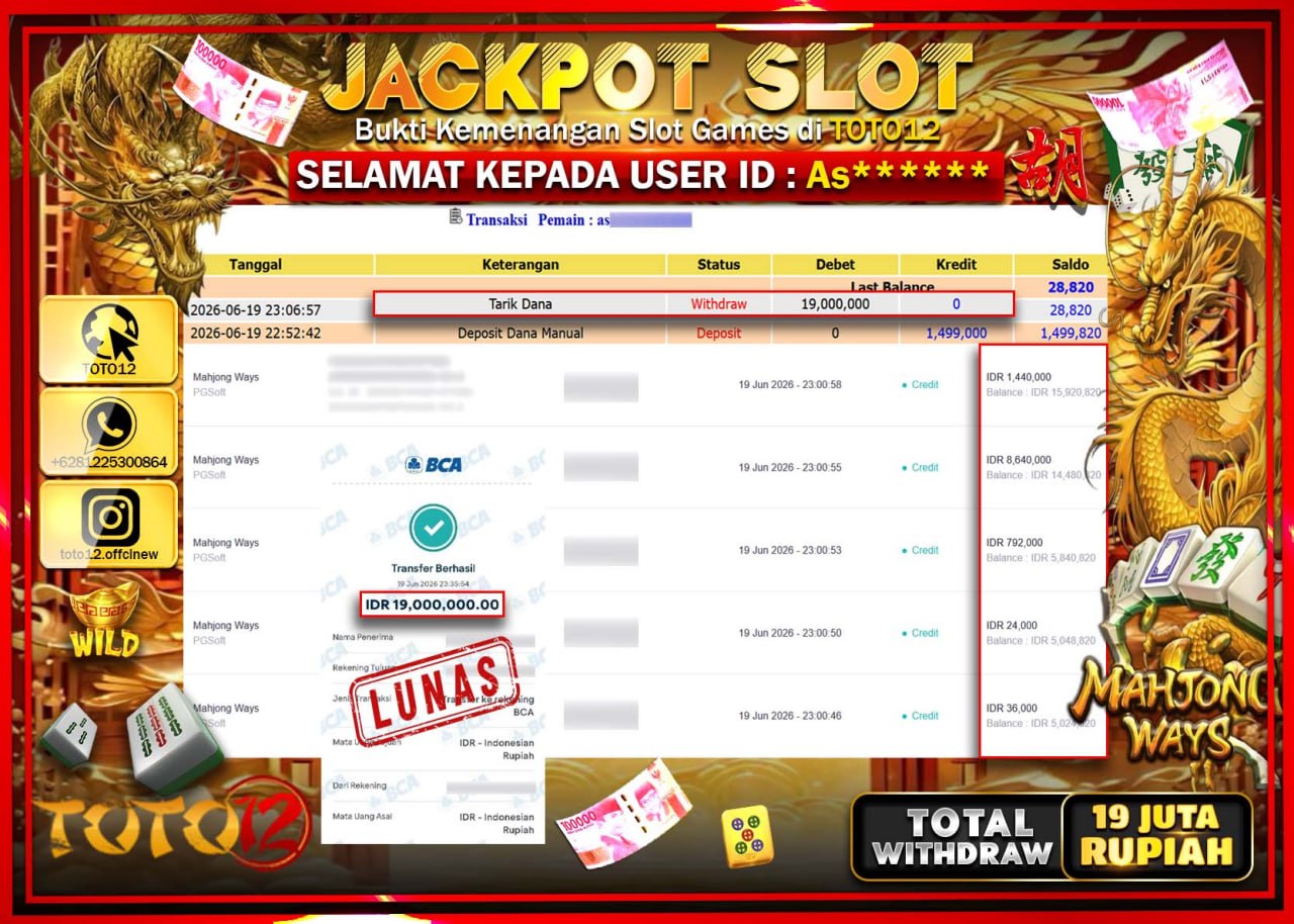 HANYA DI TOTO12 JP PASTI DI BAYAR LUNAS DAN CEPAT!!!!!! JACKPOT SLOT GAME (MAHJONG WAYS) Rp19.000.000!!!!