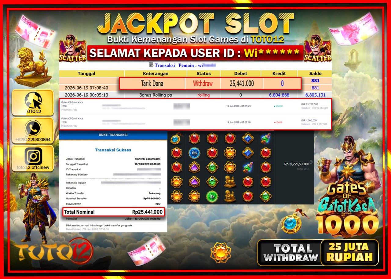 HANYA DI TOTO12 JP PASTI DI BAYAR LUNAS DAN CEPAT!!!!!! JACKPOT SLOT GAME (GATES OF GATOTKACA 1000) Rp25.441.000!!!!