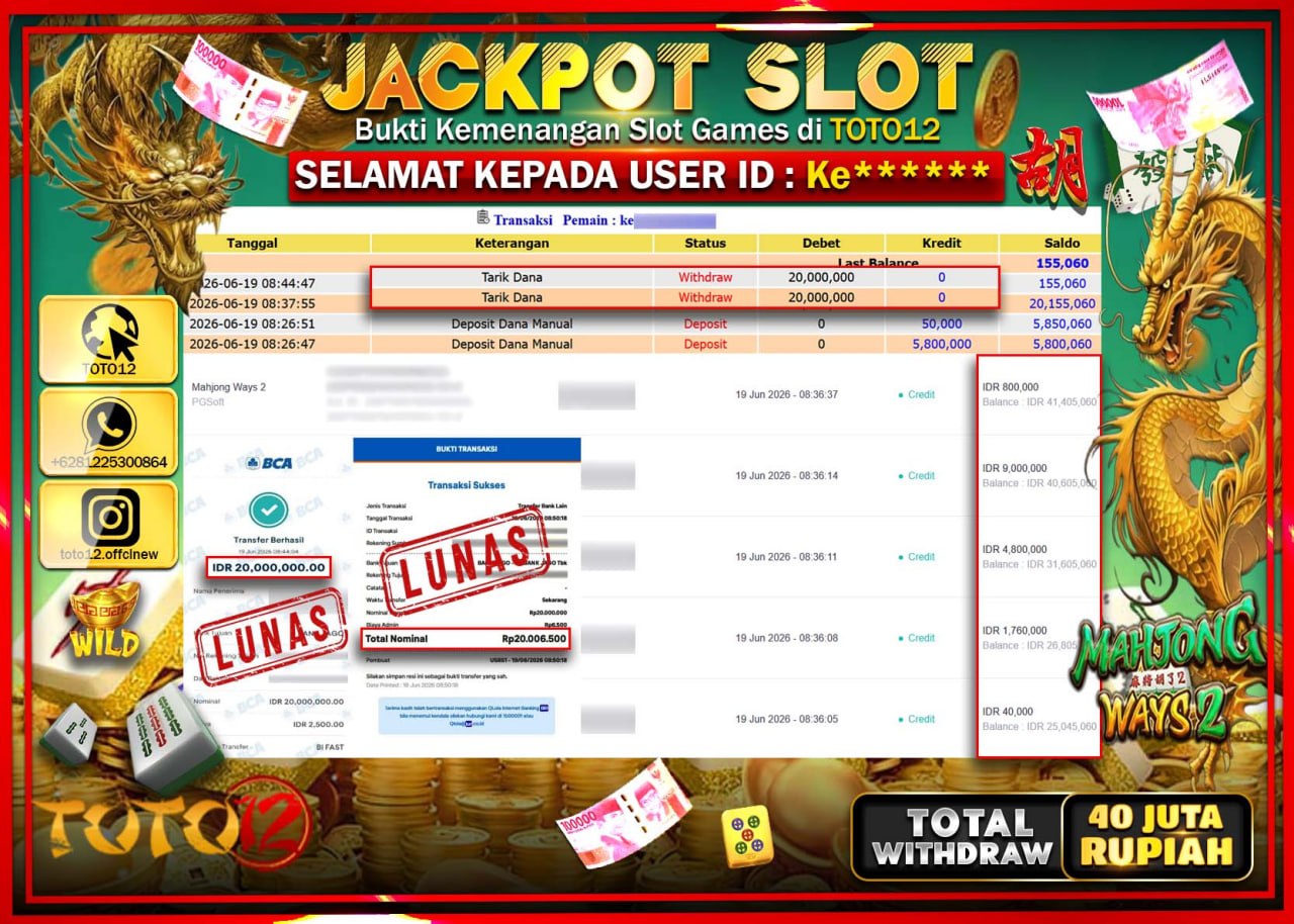 HANYA DI TOTO12 JP PASTI DI BAYAR LUNAS DAN CEPAT!!!!!! JACKPOT SLOT GAME (MAHJONG WAYS 2) Rp40.000.000!!!!