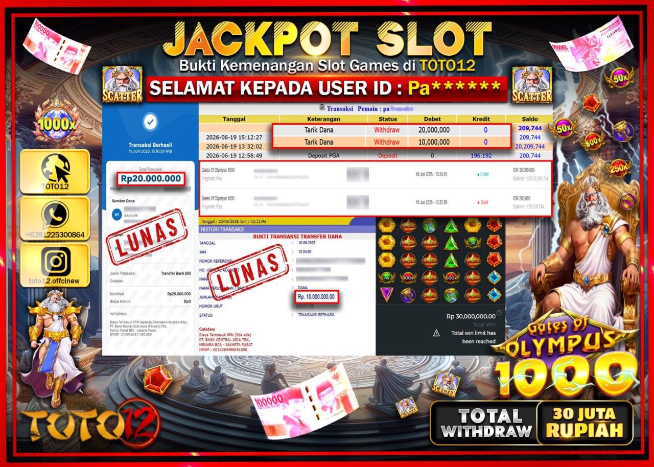 HANYA DI TOTO12 JP PASTI DI BAYAR LUNAS DAN CEPAT!!!!!! JACKPOT SLOT GAME (GATES OF OLYMPUS 1000) Rp30.000.000!!!!