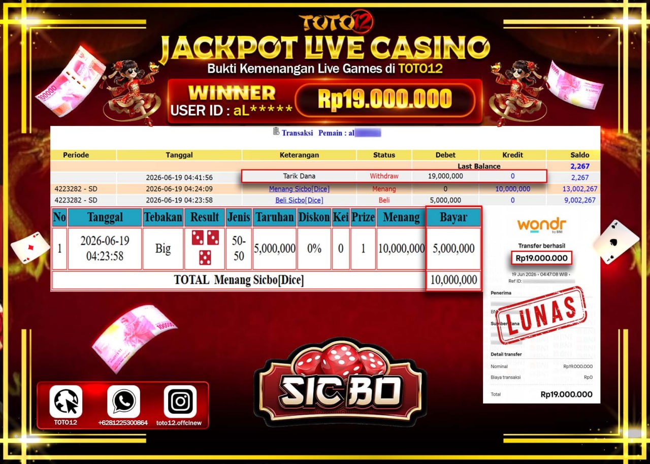 HANYA DI TOTO12 JP PASTI DI BAYAR LUNAS DAN CEPAT!!!!!! JACKPOT  LIVE GAME CASINO (SICBO DICE) Rp19.000.000!!!!