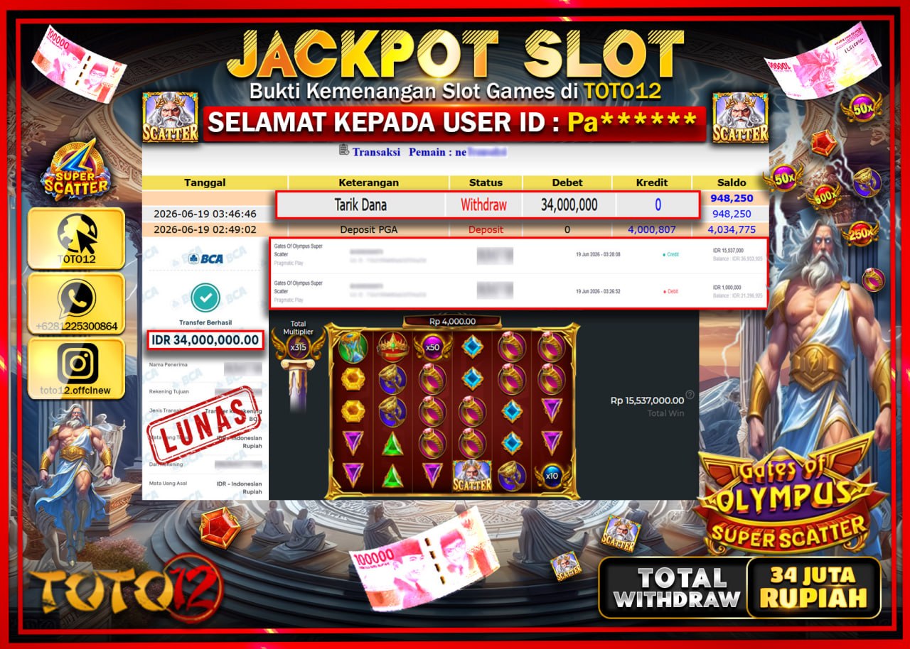 HANYA DI TOTO12 JP PASTI DI BAYAR LUNAS DAN CEPAT!!!!!! JACKPOT SLOT GAME (GATES OF OLYMPUS SUPER SCATTER) Rp34.000.000!!!!