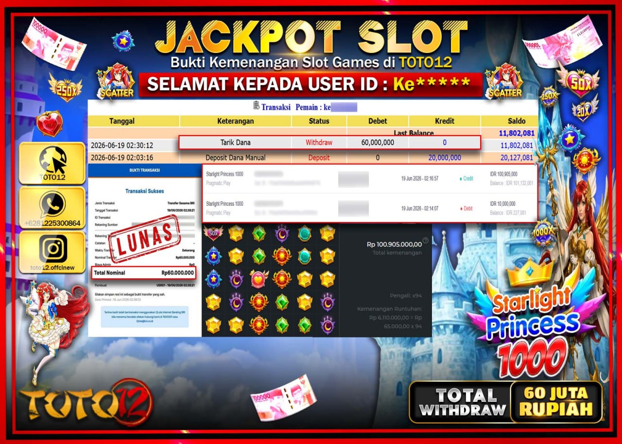 HANYA DI TOTO12 JP PASTI DI BAYAR LUNAS DAN CEPAT!!!!!! JACKPOT SLOT GAME (STARLIGHT PRINCESS 1000) Rp60.000.000!!!!