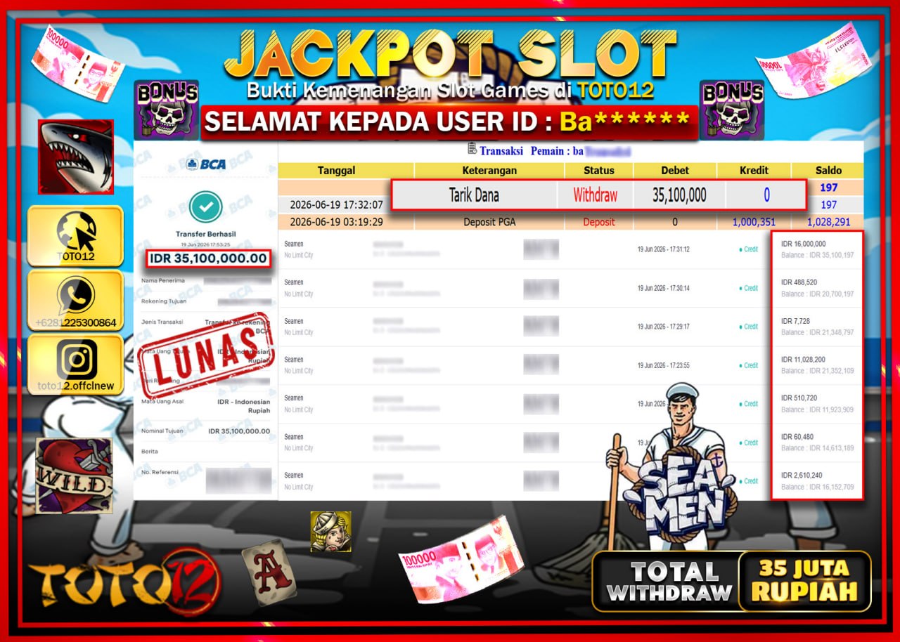 HANYA DI TOTO12 JP PASTI DI BAYAR LUNAS DAN CEPAT!!!!!! JACKPOT SLOT GAME (SEAMES) Rp35.100.000!!!!