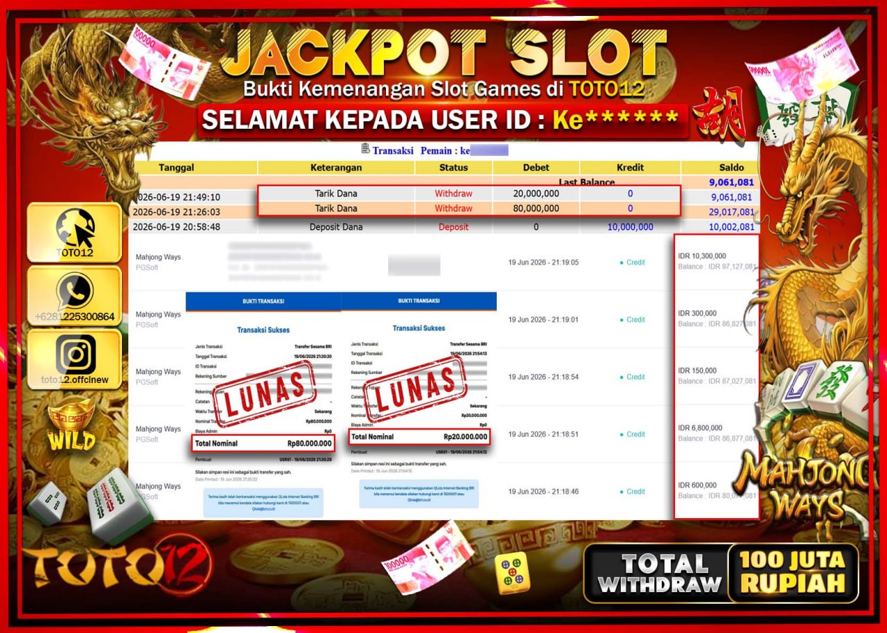 HANYA DI TOTO12 JP PASTI DI BAYAR LUNAS DAN CEPAT!!!!!! JACKPOT SLOT GAME (MAHJONG WAYS) Rp100.000.000!!!!