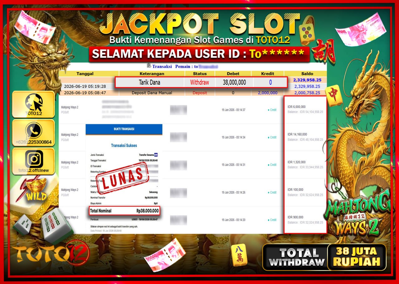HANYA DI TOTO12 JP PASTI DI BAYAR LUNAS DAN CEPAT!!!!!! JACKPOT SLOT GAME (MAHJONG WAYS 2) Rp38.000.000!!!!