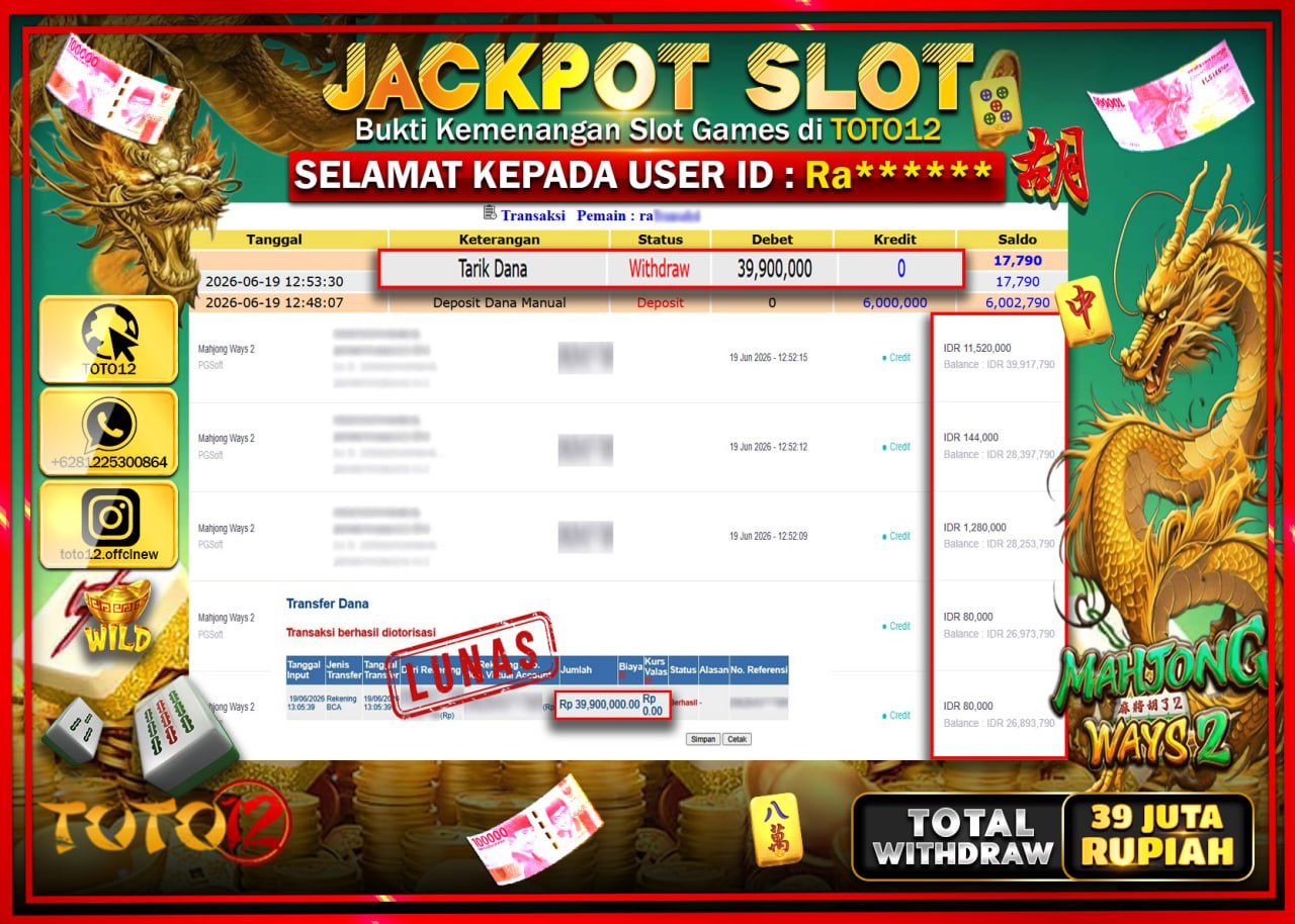 HANYA DI TOTO12 JP PASTI DI BAYAR LUNAS DAN CEPAT!!!!!! JACKPOT SLOT GAME (MAHJONG WAYS 2) Rp39.900.000!!!!