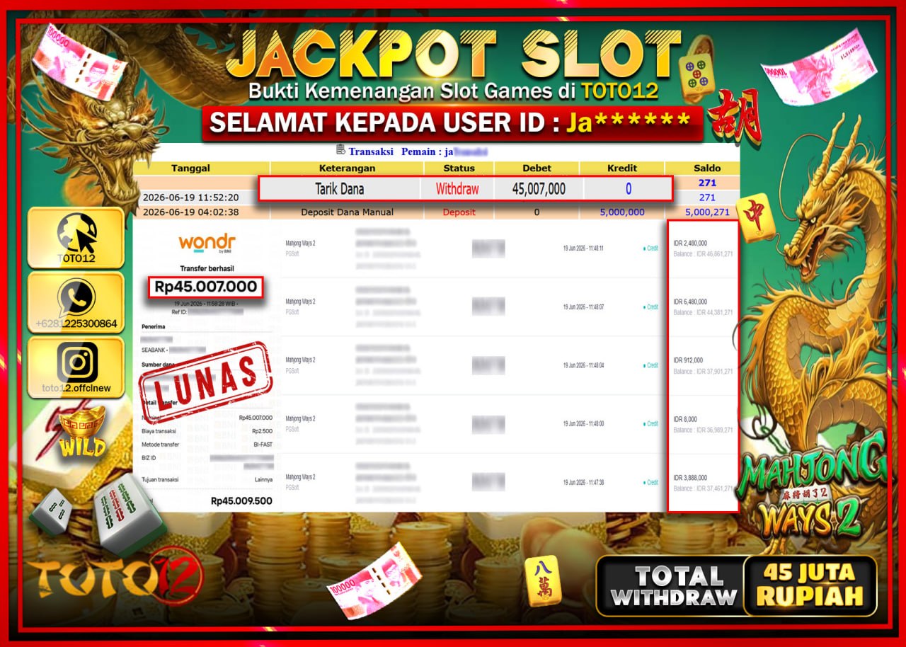 HANYA DI TOTO12 JP PASTI DI BAYAR LUNAS DAN CEPAT!!!!!! JACKPOT SLOT GAME (MAHJONG WAYS) Rp45.007.000!!!!