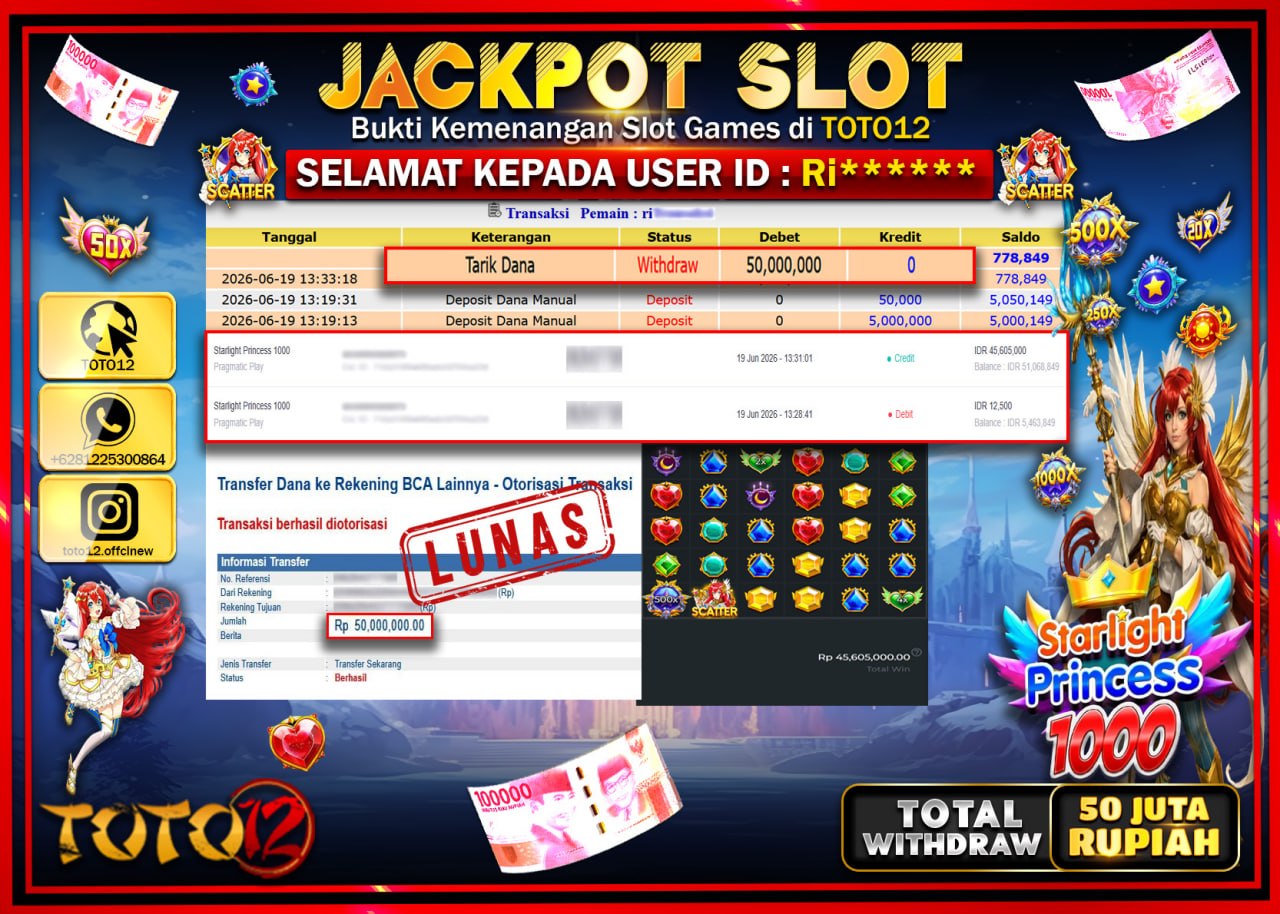 HANYA DI TOTO12 JP PASTI DI BAYAR LUNAS DAN CEPAT!!!!!! JACKPOT SLOT GAME (STARLIGHT PRINCESS 1000) Rp50.000.000!!!!