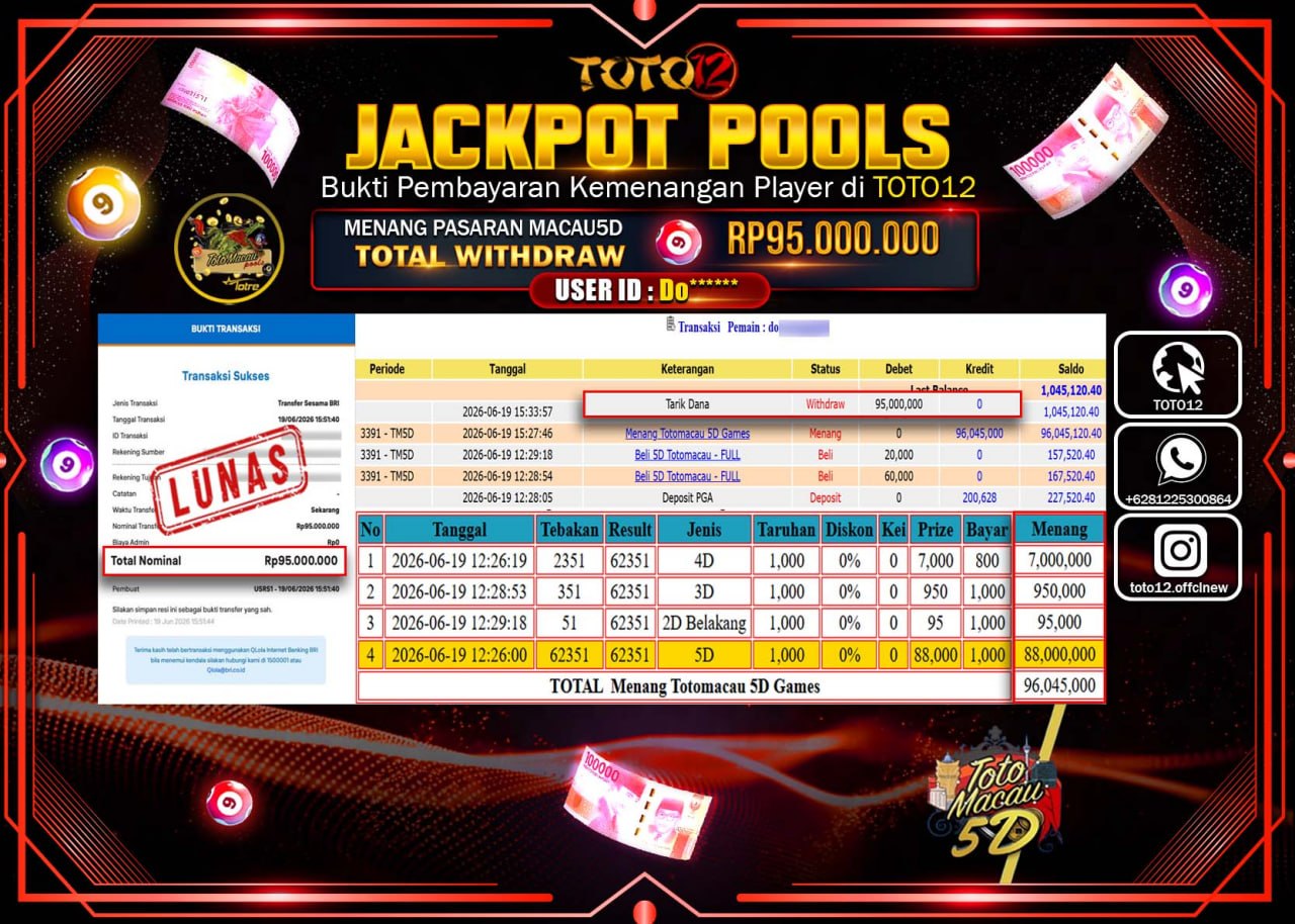 HANYA DI TOTO12 JP PASTI DI BAYAR LUNAS DAN CEPAT!!!!!! JACKPOT POOLS PASARAN (MACAU 5D) Rp95.000.000!!!!