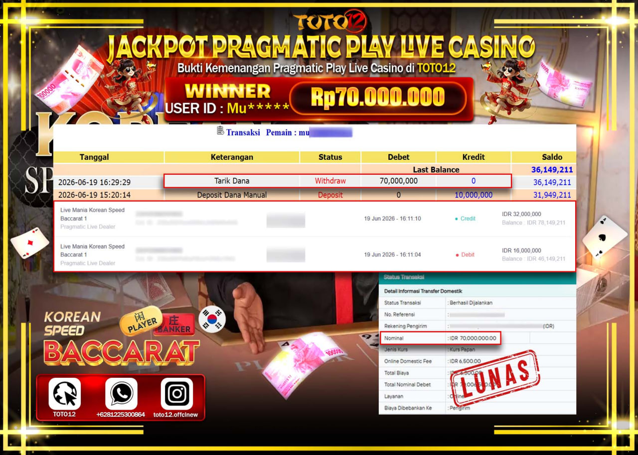 HANYA DI TOTO12 JP PASTI DI BAYAR LUNAS DAN CEPAT!!!!!! JACKPOT PRAGMATIC PLAY LIVE GAME CASINO (LIVE MANIA KOREAN SPEED BACCARAT 1) Rp70.000.000!!!!