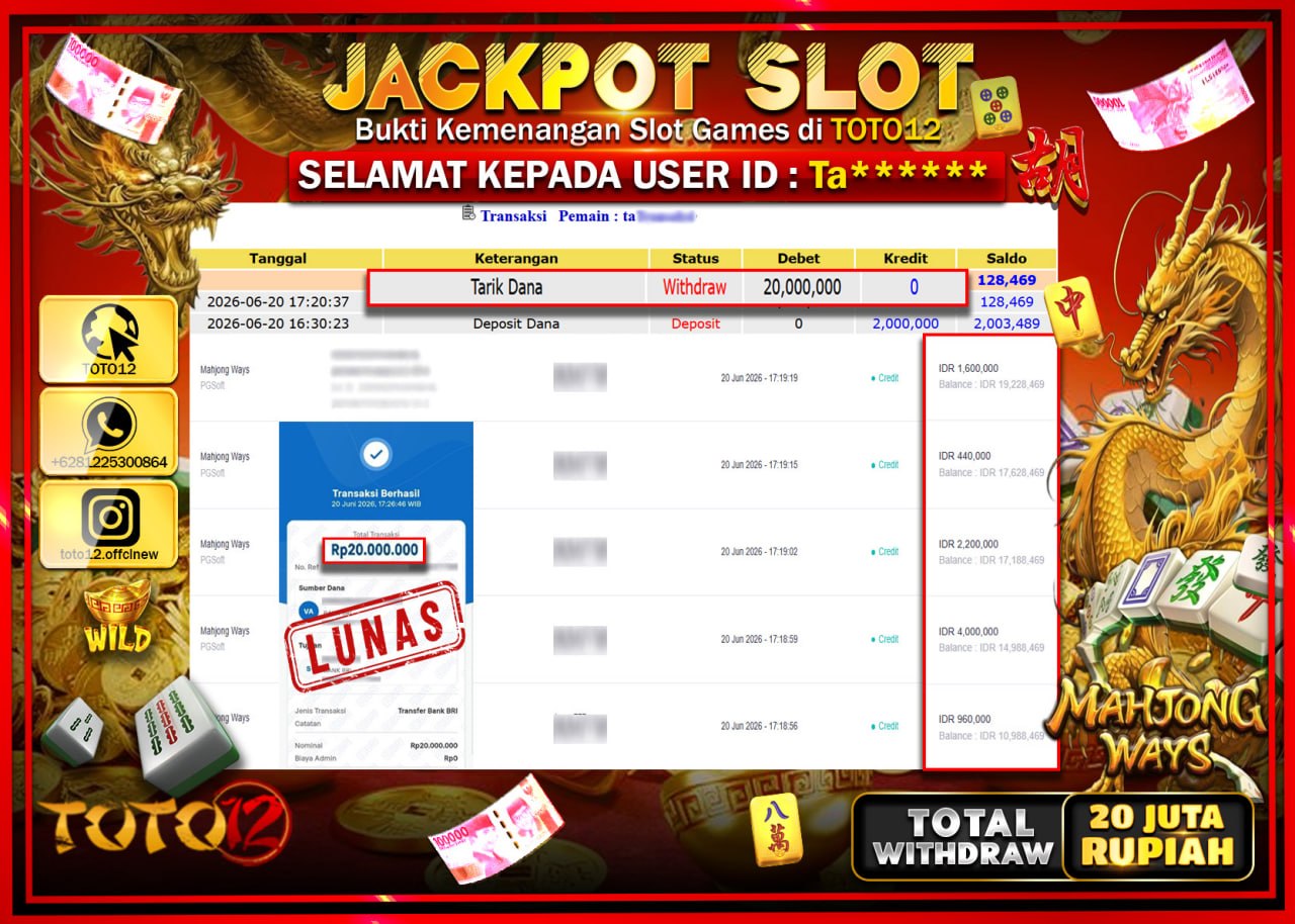 HANYA DI TOTO12 JP PASTI DI BAYAR LUNAS DAN CEPAT!!!!!! JACKPOT SLOT GAME (MAHJONG WAYS) Rp20.000.000!!!!