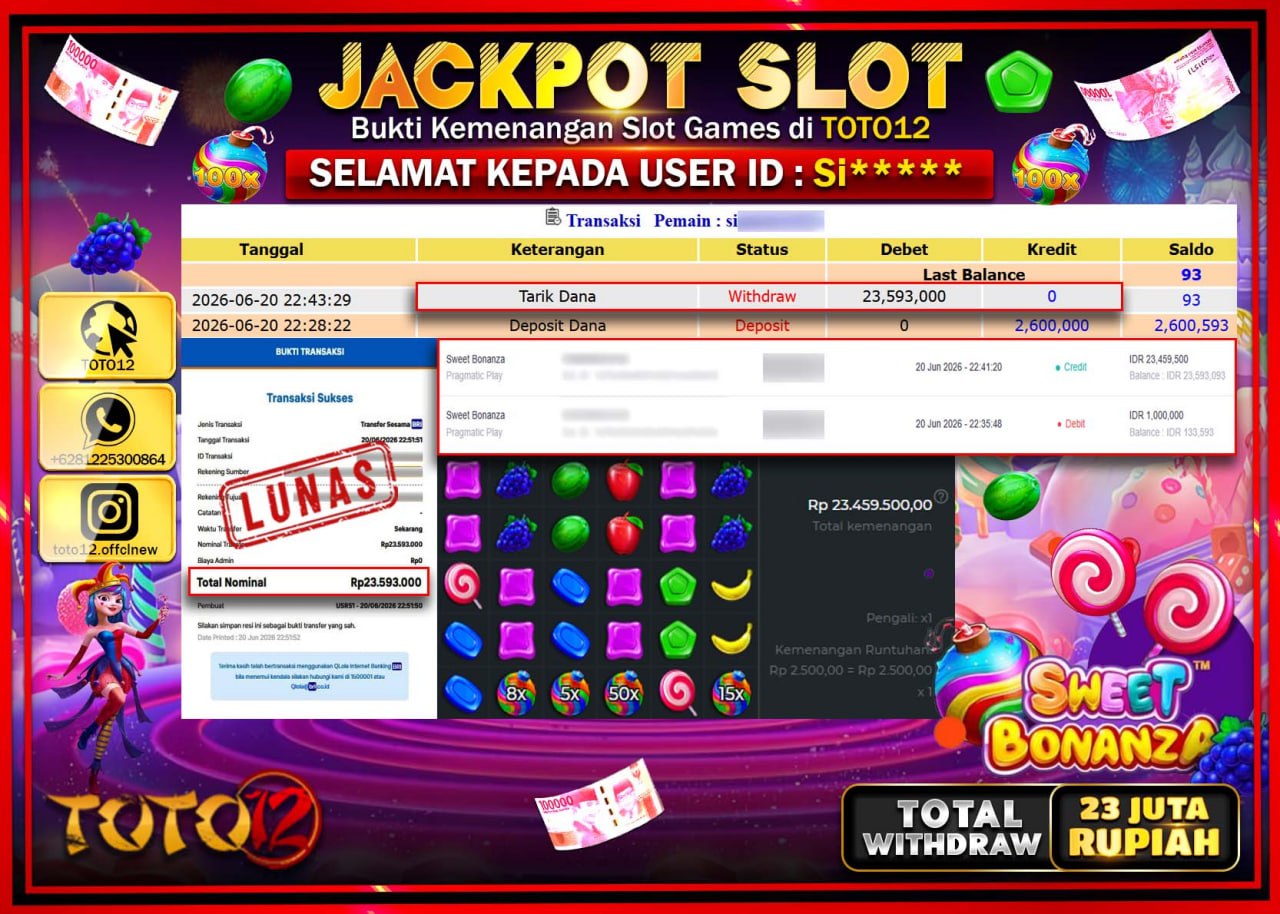 HANYA DI TOTO12 JP PASTI DI BAYAR LUNAS DAN CEPAT!!!!!! JACKPOT SLOT GAME (SWEET BONANZA) Rp23.593.000!!!!