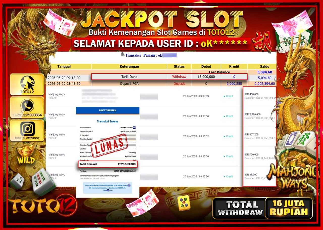 HANYA DI TOTO12 JP PASTI DI BAYAR LUNAS DAN CEPAT!!!!!! JACKPOT SLOT GAME (MAHJONG WAYS) Rp16.000.000!!!!