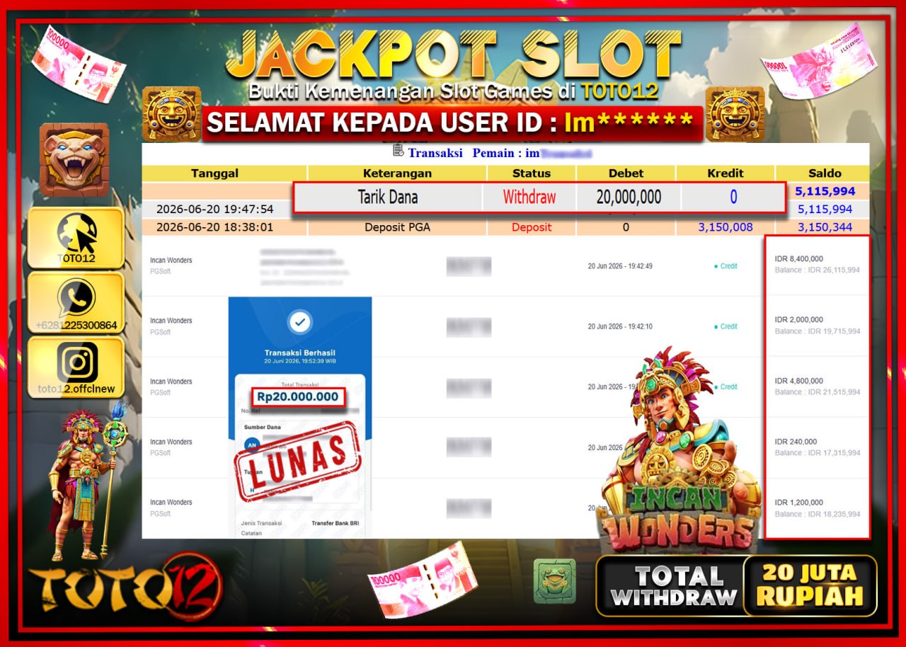 HANYA DI TOTO12 JP PASTI DI BAYAR LUNAS DAN CEPAT!!!!!! JACKPOT SLOT GAME (INCAN WONDERS) Rp20.000.000!!!!