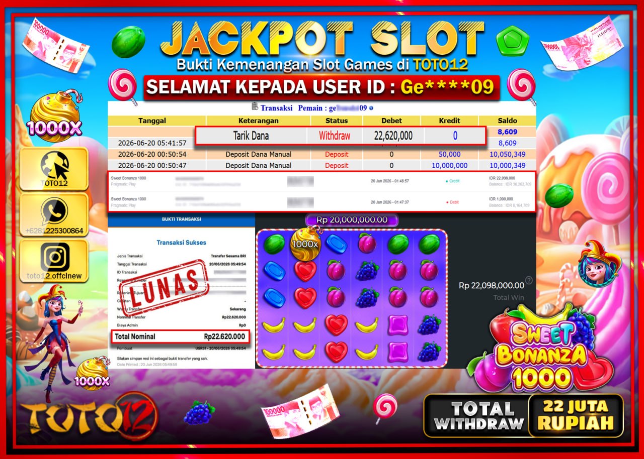 HANYA DI TOTO12 JP PASTI DI BAYAR LUNAS DAN CEPAT!!!!!! JACKPOT SLOT GAME (SWEET BONANZA 1000) Rp22.620.000!!!!