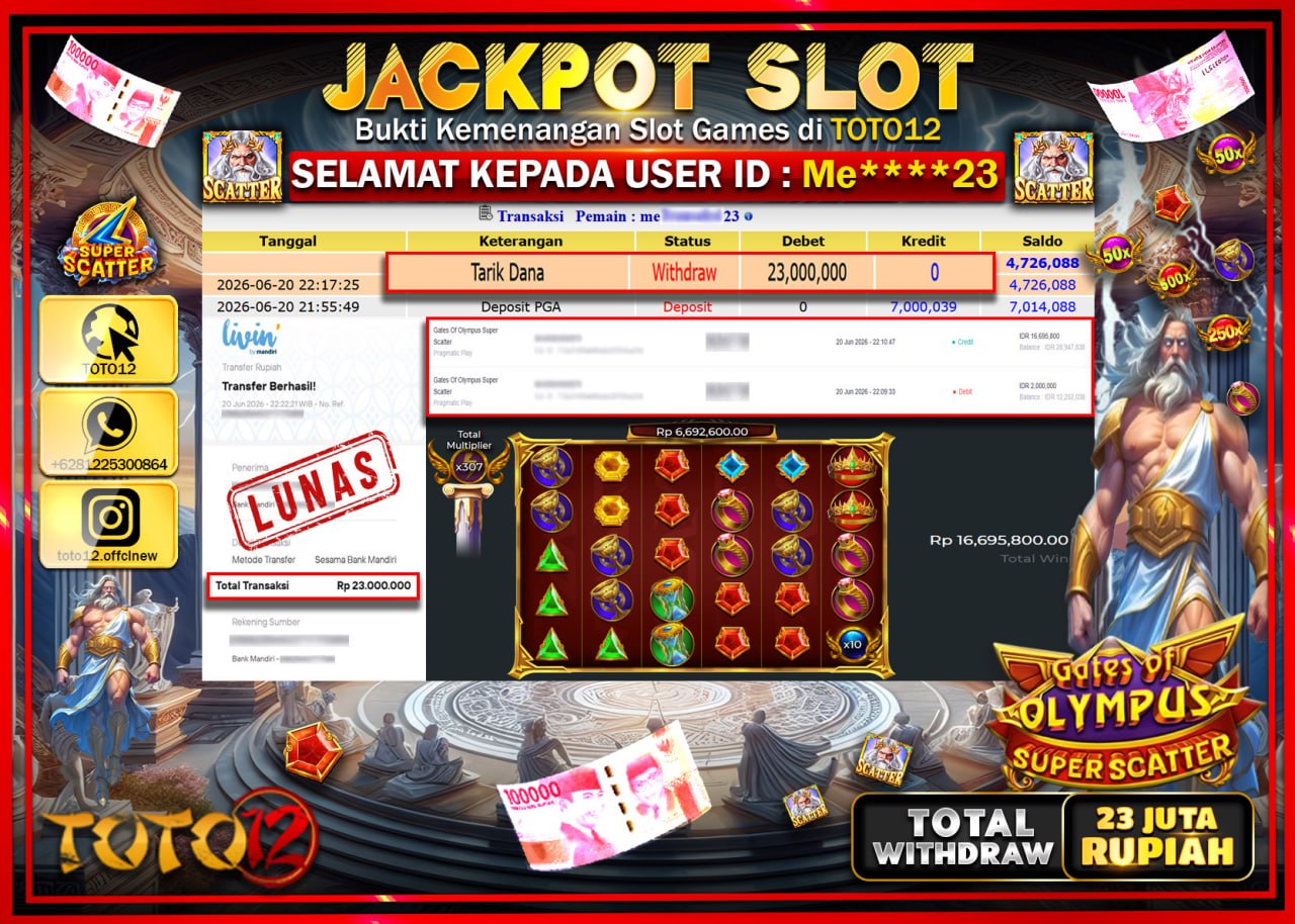 HANYA DI TOTO12 JP PASTI DI BAYAR LUNAS DAN CEPAT!!!!!! JACKPOT SLOT GAME (GATES OF OLYMPUS SUPER SCATTER) Rp23.000.000!!!!