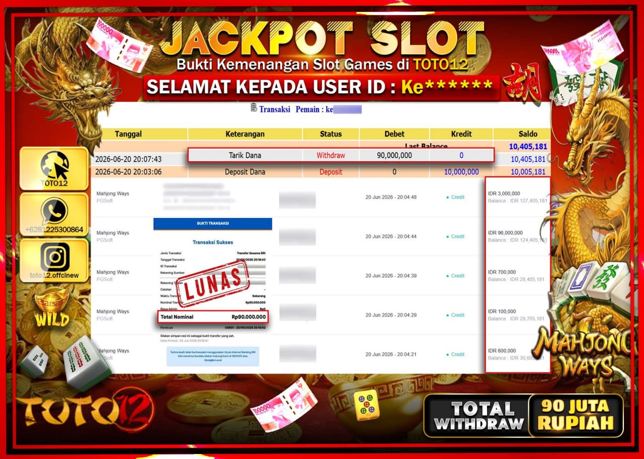 HANYA DI TOTO12 JP PASTI DI BAYAR LUNAS DAN CEPAT!!!!!! JACKPOT SLOT GAME (MAHJONG WAYS) Rp90.000.000!!!!